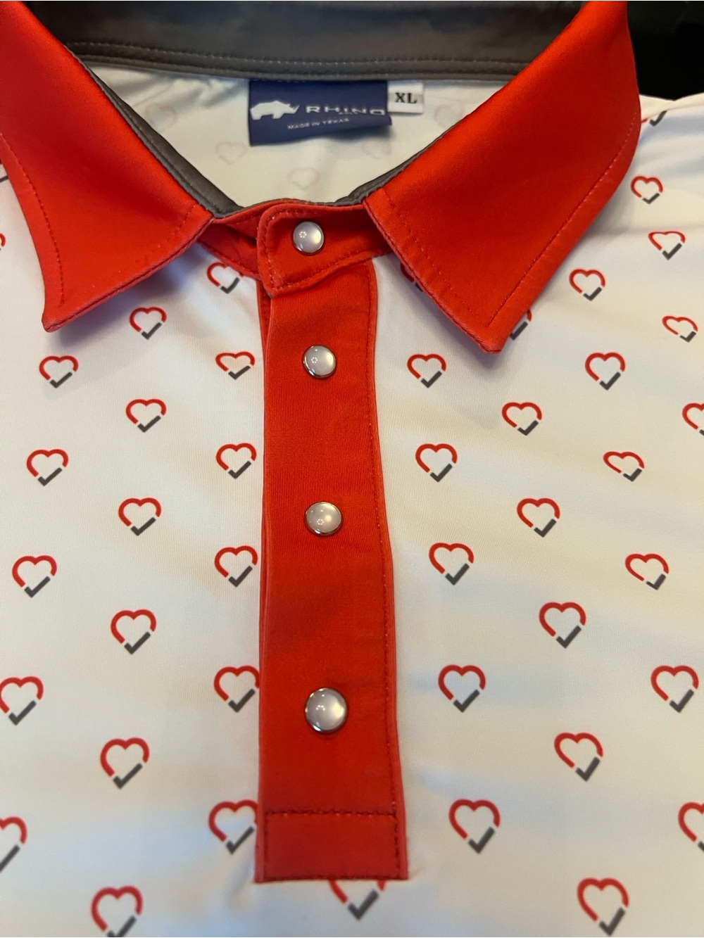 RHINO Threads Red-Accent Heart Print Signature Custom Polo Shirt Size XL NWOT